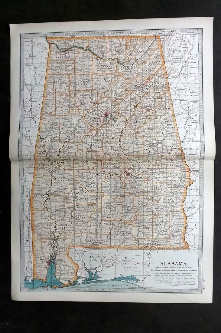 Black (Pub) 1903 Antique Map. Alabama USA: Antique Lithograph Map Published 1903, by Adam & Charles Black, Edinburgh & London for "The New Volumes of The Encylopaedia Britannica" Centre fold as published. Paper Size: 16 x 11.5 inch (41 x 29cm)