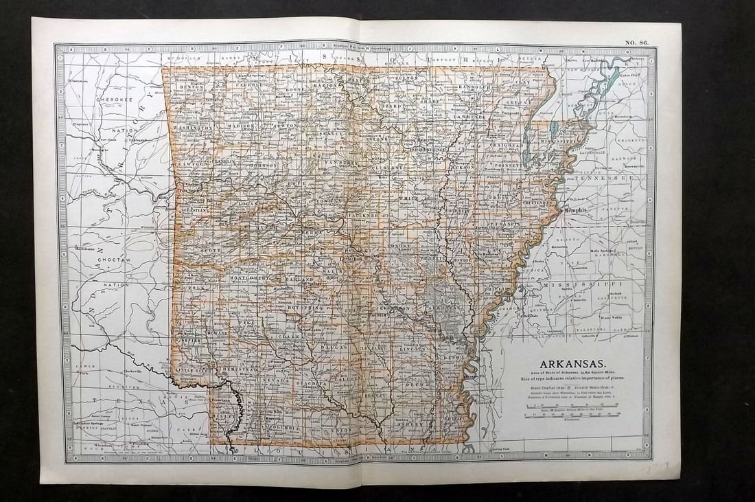 Black (Pub) 1903 Antique Map. Arkansas USA: Antique Lithograph Map Published 1903, by Adam & Charles Black, Edinburgh & London for "The New Volumes of The Encylopaedia Britannica" Centre fold as published. Paper Size: 16 x 11.5 inch (41 x 29cm)