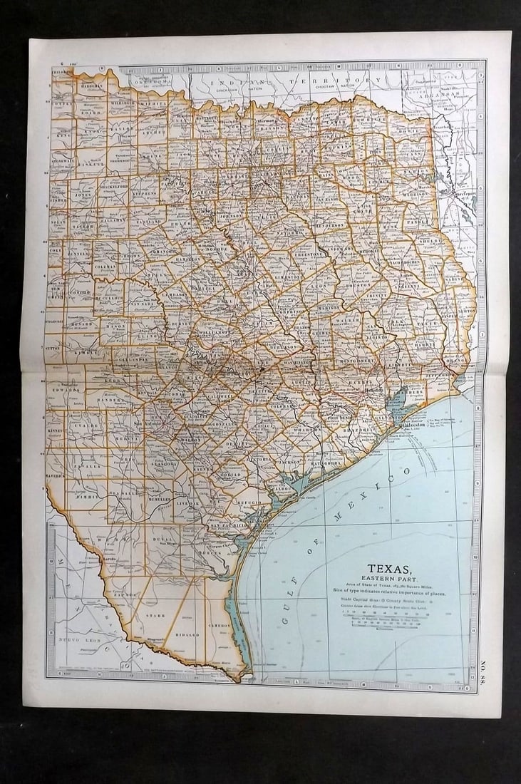 Black (Pub) 1903 Antique Map. Texas - Eastern Part: Antique Lithograph Map Published 1903, by Adam & Charles Black, Edinburgh & London for "The New Volumes of The Encylopaedia Britannica" Centre fold as published. Paper Size: 16 x 11.5 inch (41 x 29cm)