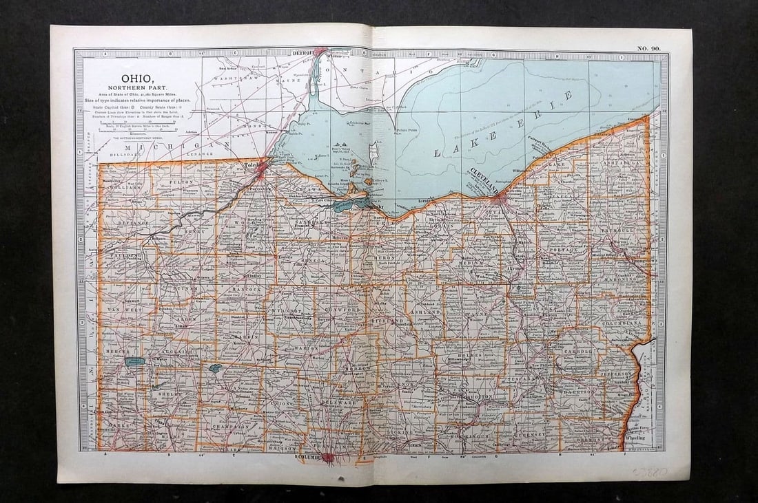 Black (Pub) 1903 Antique Map. Ohio - Northern Part: Antique Lithograph Map Published 1903, by Adam & Charles Black, Edinburgh & London for "The New Volumes of The Encylopaedia Britannica" Centre fold as published. Paper Size: 16 x 11.5 inch (41 x 29cm)