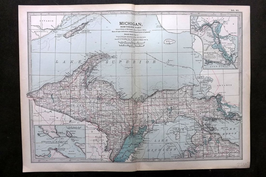 Black (Pub) 1903 Antique Map. Michigan, Northern Part: Antique Lithograph Map Published 1903, by Adam & Charles Black, Edinburgh & London for "The New Volumes of The Encylopaedia Britannica" Centre fold as published. Paper Size: 16 x 11.5 inch (41 x 29cm)