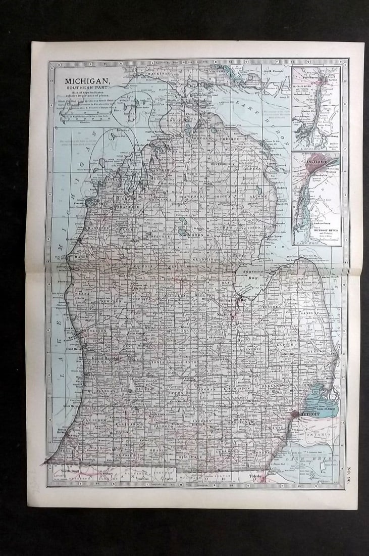 Black (Pub) 1903 Antique Map. Michigan, Southern Part: Antique Lithograph Map Published 1903, by Adam & Charles Black, Edinburgh & London for "The New Volumes of The Encylopaedia Britannica" Centre fold as published. Paper Size: 16 x 11.5 inch (41 x 29cm)
