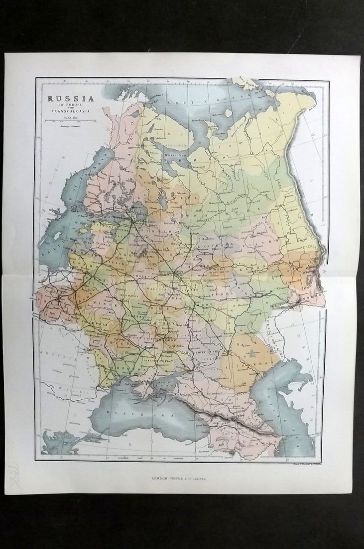 Reclus, Elisee C1880 Antique Map. Russia in Europe with Transcaucasia: Antique Lithograph Map Published 1876-94, London for "The Universal Geography" by Elisee Reclus. Edited by A. H. Keane. Reverse side blank. Paper Size: 13.5 x 10.5 inch (34 x 27cm) Good Condition