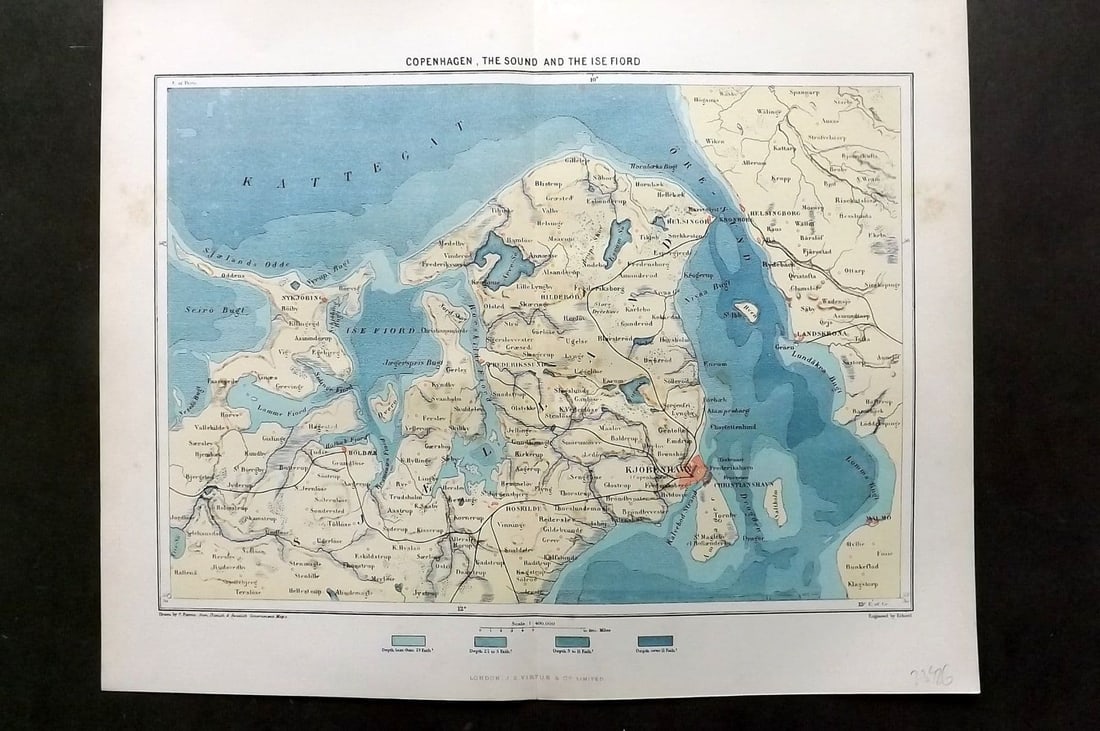 Reclus, Elisee C1880 Antique Map. Copenhagen - The Sound and the Ise Fjord: Antique Lithograph Map Published 1876-94, London for "The Universal Geography" by Elisee Reclus. Edited by A. H. Keane. Reverse side blank. Paper Size: 13.5 x 10.5 inch (34 x 27cm) Good Condition