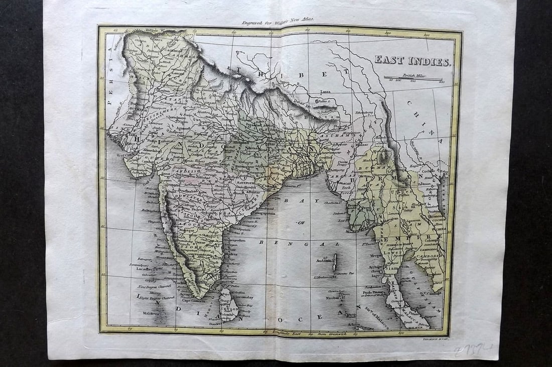 Thomson & Walker 1820 Hand Col Map. East Indies. India Siam Burma: Antique Copper Engraved Map Published 1820, London for "Walker's Universal Atlas" Maps Drawn and Engraved by John Thomson. Fine hand colour as issued. Centre fold as published. Paper Size: 10.5 x 8.5 