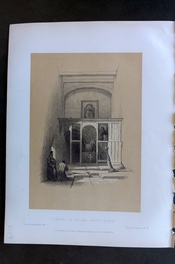 David Roberts Holy Land 4to 1887 Print. Chapel of Elijah, Mount Sinai: Antique Lithograph Published 1887 by Cassell, Petter & Galpin, London for "The Holy Land" by David Roberts, Louis Haghe, and George Croly. The third edition of Roberts's Holy Land Views. Paper Size: 1