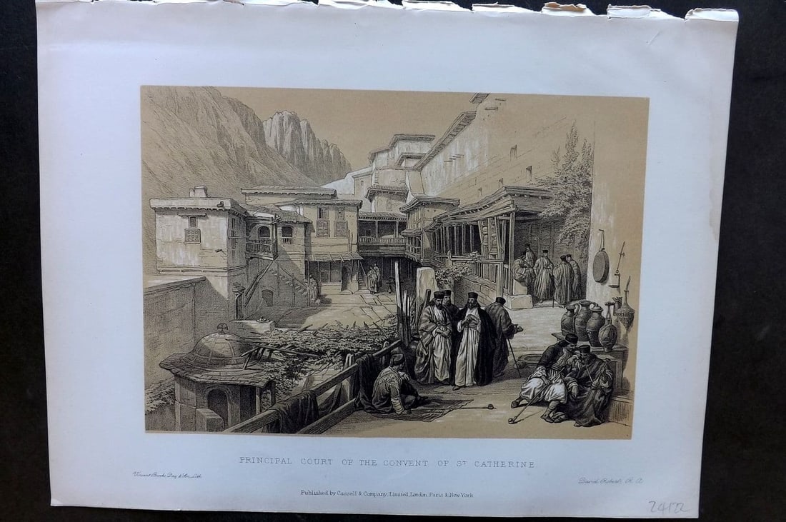 David Roberts Holy Land 1887 Principal Court of the Convent of St. Catherine: Antique Lithograph Published 1887 by Cassell, Petter & Galpin, London for "The Holy Land" by David Roberts, Louis Haghe, and George Croly. The third edition of Roberts's Holy Land Views. Paper Size: 1