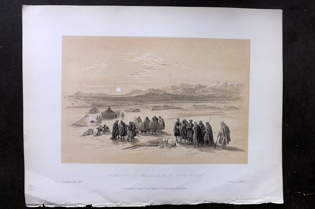 David Roberts Holy Land 4to 1887 Antique Print. Encampment Alloeen in Wady-Arabia: Lithograph Published 1887 by Cassell, Petter & Galpin, London for "The Holy Land" by David Roberts, Louis Haghe, and George Croly. The third edition of Roberts's Holy Land Views. Paper Size: 12.5 x 9.