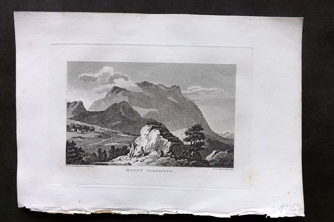 Polehampton, Edward 1823 Antique Print. Mount Parnassus, Greece: Antique Copper Published 1823, London for "The Gallery of Nature and Art: or, A Tour Through Creation and Science" by the Rev. Edward Polehampton & John M. Good. Paper Size: 10 x 6 inch (26 x 16cm) Ve