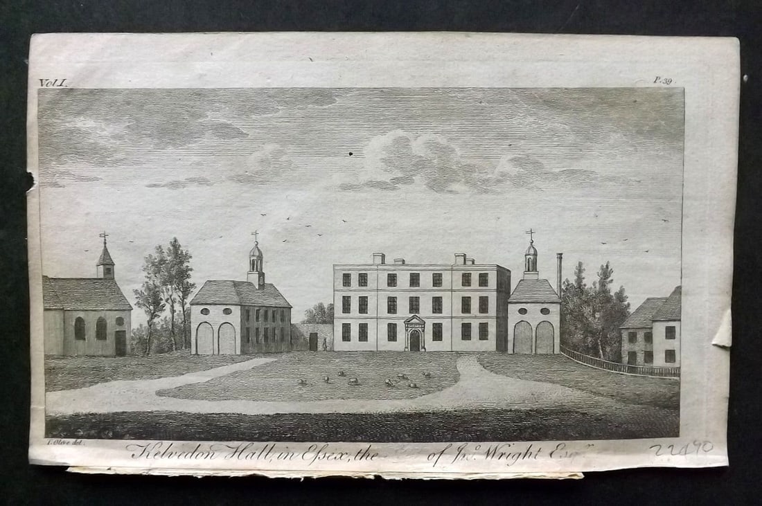 UK 1777 Antique Print. Kelvedon Hall in Essex: Antique Copper Published 1776-77, London for "A New Display of the Beauties of England" Paper Size: 8 x 5 inch (21 x 13cm) Very slight surface loss to title. Very tiny chip to left margin.