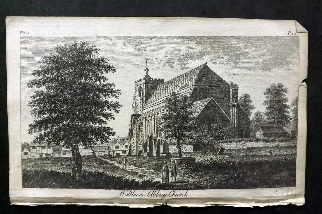 UK 1777 Antique Print. Waltham Abbey Church: Antique Copper Published 1776-77, London for "A New Display of the Beauties of England" Paper Size: 8 x 5 inch (21 x 13cm) Small right margin tear.