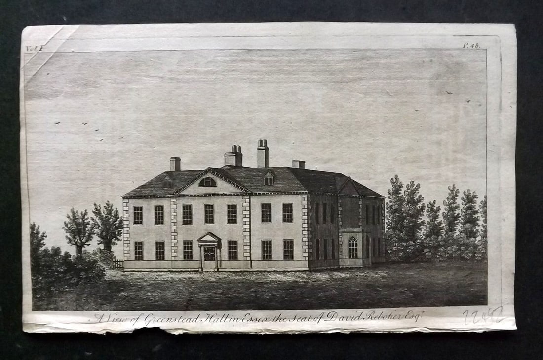 UK 1777 Antique Print. View of Greenstead Hall in Essex seat of David Rebotier: Antique Copper Published 1776-77, London for "A New Display of the Beauties of England" Paper Size: 8 x 5 inch (21 x 13cm) Very minor toning.