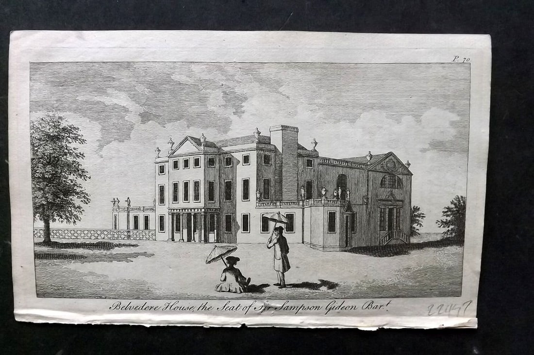 UK 1777 Antique Print. Belvedere House, Seat of Sampson Gideon: Antique Copper Published 1776-77, London for "A New Display of the Beauties of England" Paper Size: 8 x 5 inch (21 x 13cm) Good Condition