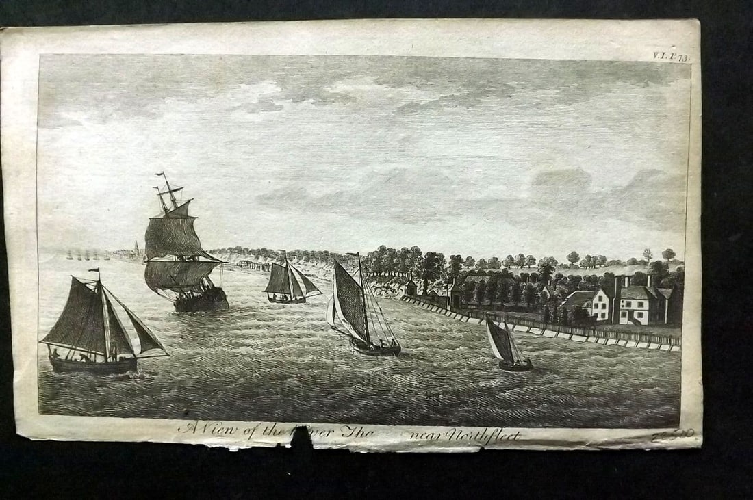 UK 1777 Antique Print. River Thames near Northfleet, Kent. Boats Ships: Antique Copper Published 1776-77, London for "A New Display of the Beauties of England" Paper Size: 8 x 5 inch (21 x 13cm) Very minor toning. Small chip in bottom margin, slightly affecting title.