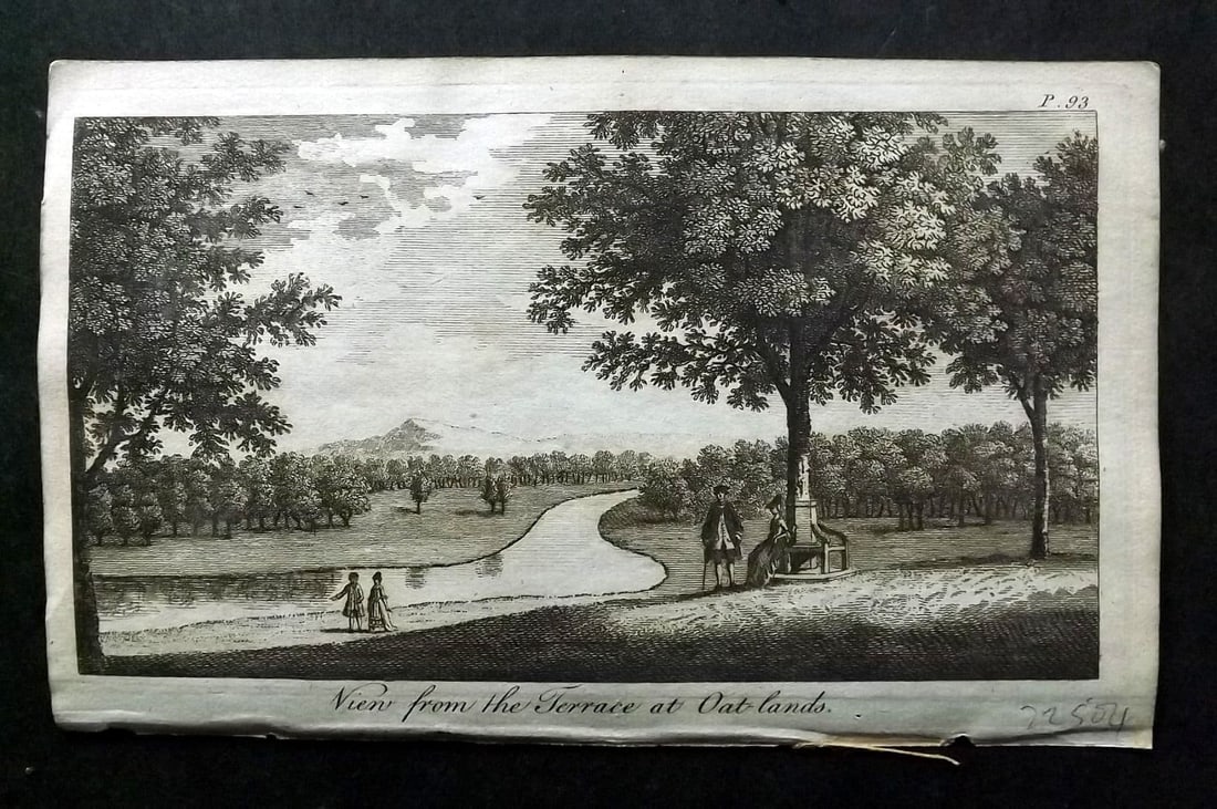 UK 1777 Antique Print. View from the Terrace at Oat-Lands: Antique Copper Published 1776-77, London for "A New Display of the Beauties of England" Paper Size: 8 x 5 inch (21 x 13cm) Good Condition
