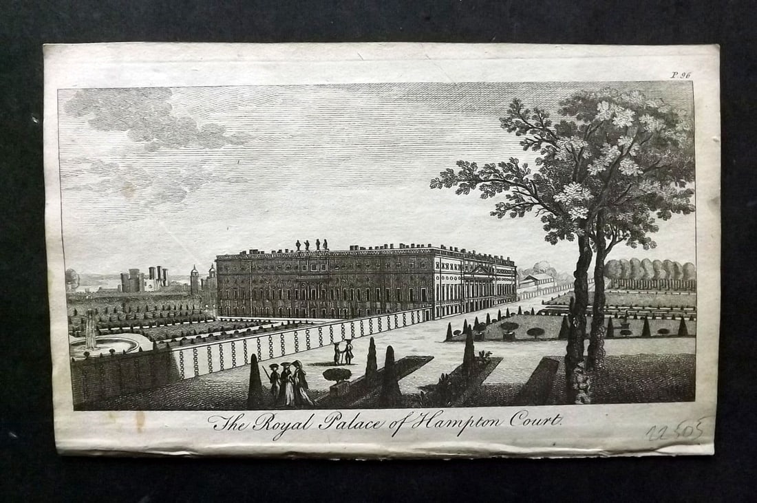 UK 1777 Antique Print. Royal Palace of Hampton Court: Antique Copper Published 1776-77, London for "A New Display of the Beauties of England" Paper Size: 8 x 5 inch (21 x 13cm) Very minor toning.