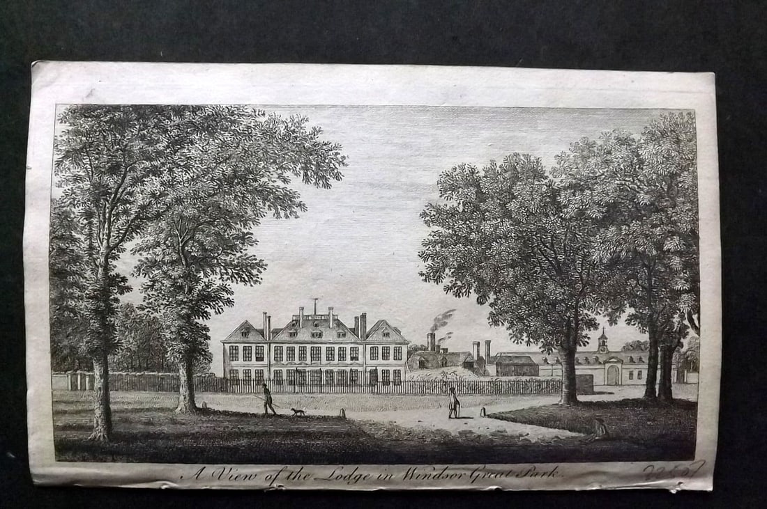 UK 1777 Antique Print. View of the Lodge in Windsor Great Park: Antique Copper Published 1776-77, London for "A New Display of the Beauties of England" Paper Size: 8 x 5 inch (21 x 13cm) Good Condition