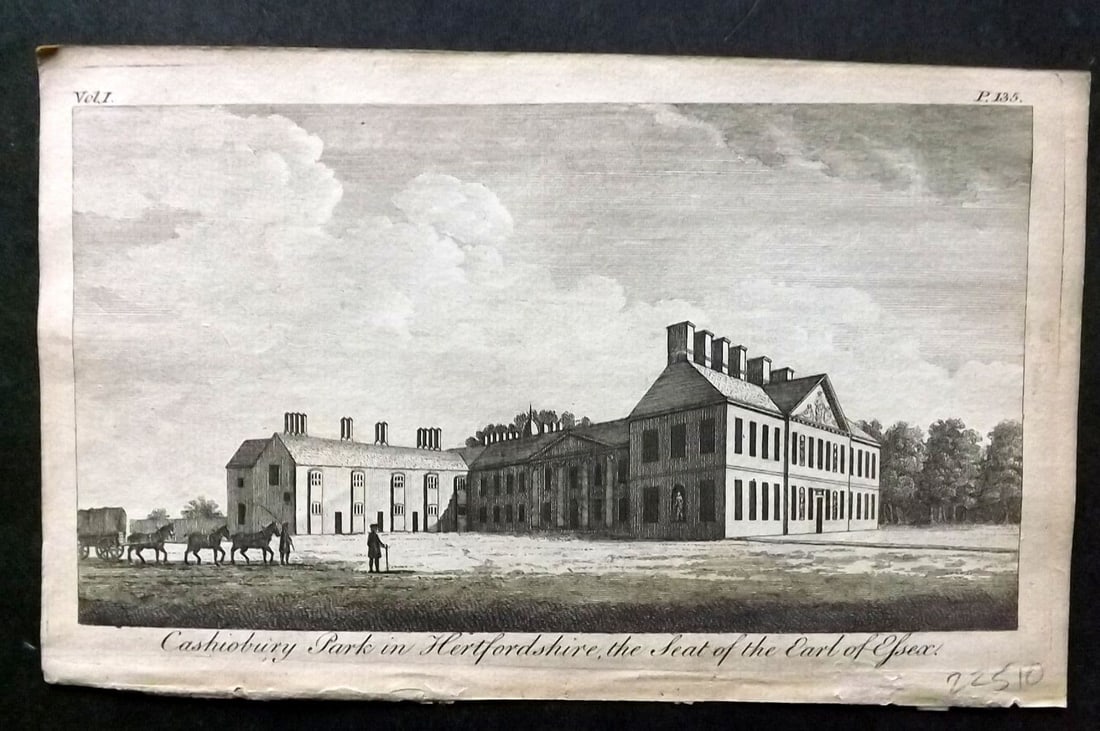 UK 1777 Antique Print. Cassiobury Park in Hertfordshire, seat of the Earl of Essex: Antique Copper Published 1776-77, London for "A New Display of the Beauties of England" Paper Size: 8 x 5 inch (21 x 13cm) Good Condition