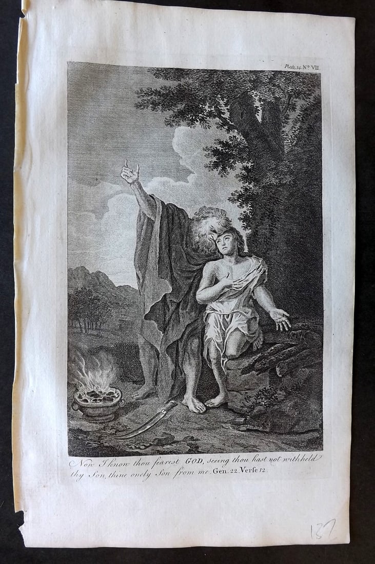 Goadby (Pub) 1770 Folio Religious Print. Now I know thou ffearest God: Folio Copper Plate Published 1770 by R. Goadby, London for "An Illustration of the Holy Scriptures..." Paper Size: 15 x 9.5 inch (38 x 24cm) Good Condition