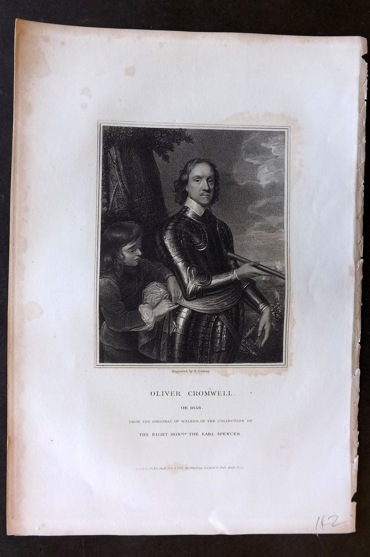 Lodge, Edmund C1830 Antique Portrait Print. Oliver Cromwell: Steel Engraving Published 1823-36, London for "Portraits of Illustrious Personages of Great Britain" by Edmund Lodge. Paper Size: 10.5 x 7 inch (27 x 18cm) Minor margin toning. Good Condition overall 