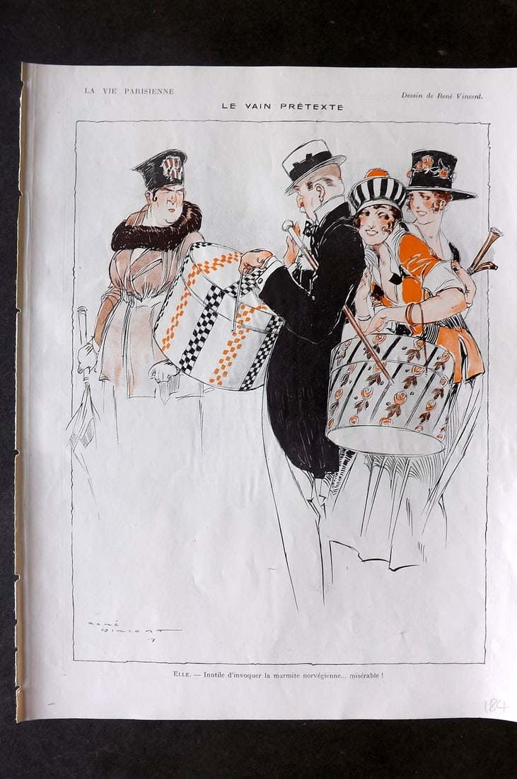 La Via Parisienne 1917 Art Deco Print. Le Vain Pretexte by Rene Vincent: Lithograph Published 1917, Paris for "La Vie Parisienne" Illustrated by Lissac, Barbier, Vallet, Valee, Prejelan, Herouard, Fournier, Kuhn-Regnier, Georges Léonnec and others. Verso text, but none sh