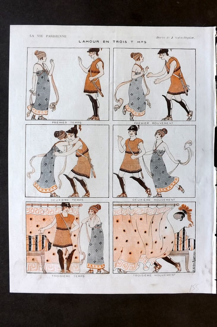 La Vie Parisienne 1917 Art Deco Print. L'Amour en Trois T MPS by Kuhn-Regnier: Lithographs Published 1917, Paris for "La Vie Parisienne" Illustrated by Lissac, Barbier, Vallet, Valee, Prejelan, Herouard, Fournier, Kuhn-Regnier, Georges Léonnec and others. Verso text, with sligh