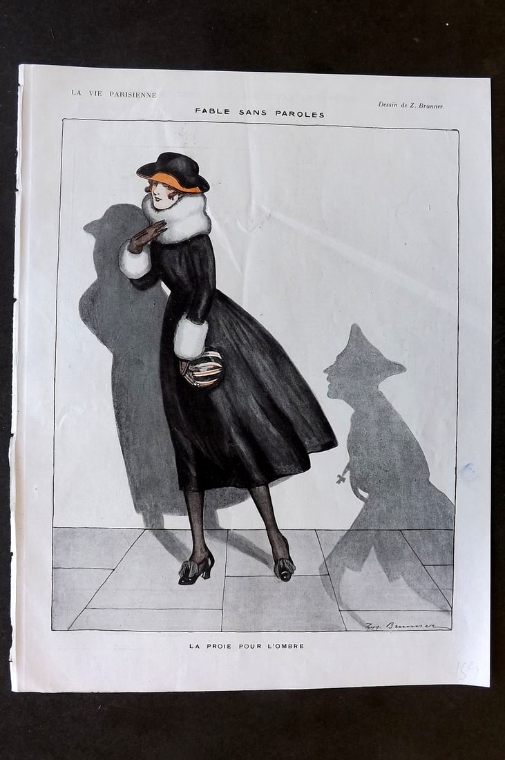 La Vie Parisienne 1917 Art Deco Print. Fable sans Paroles by Brunner: Lithographs Published 1917, Paris for "La Vie Parisienne" Illustrated by Lissac, Barbier, Vallet, Valee, Prejelan, Herouard, Fournier, Kuhn-Regnier, Georges Léonnec and others. Verso text, but none s