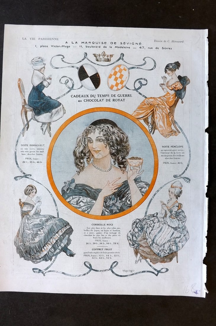 La Vie Parisienne 1917 Art Deco Print. A La Marquise de Sevigne by Herouard: Lithographs Published 1917, Paris for "La Vie Parisienne" Illustrated by Lissac, Barbier, Vallet, Valee, Prejelan, Herouard, Fournier, Kuhn-Regnier, Georges Léonnec and others. Verso text, but none s