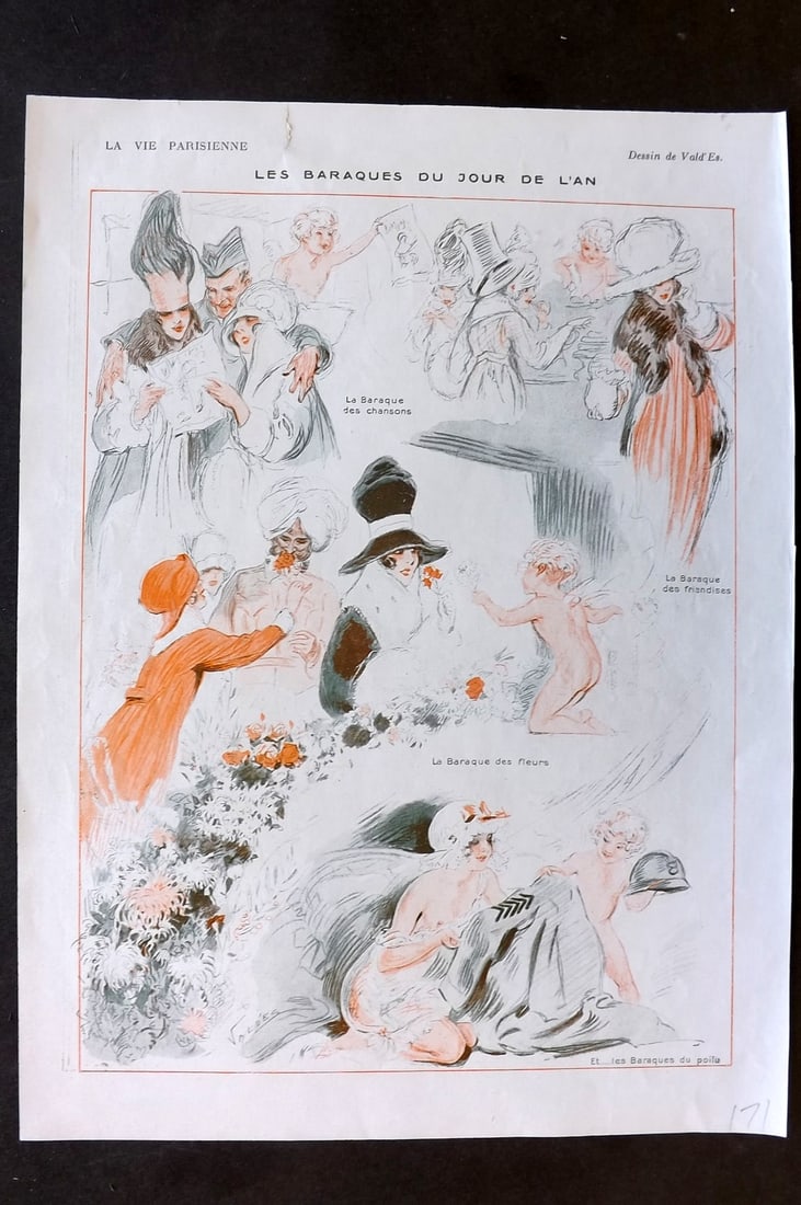 La Vie Parisienne 1917 Art Deco Print. Les Baraques du Jour de L'An: Lithographs Published 1917, Paris for "La Vie Parisienne" Illustrated by Lissac, Barbier, Vallet, Valee, Prejelan, Herouard, Fournier, Kuhn-Regnier, Georges Léonnec and others. Verso text, but none s