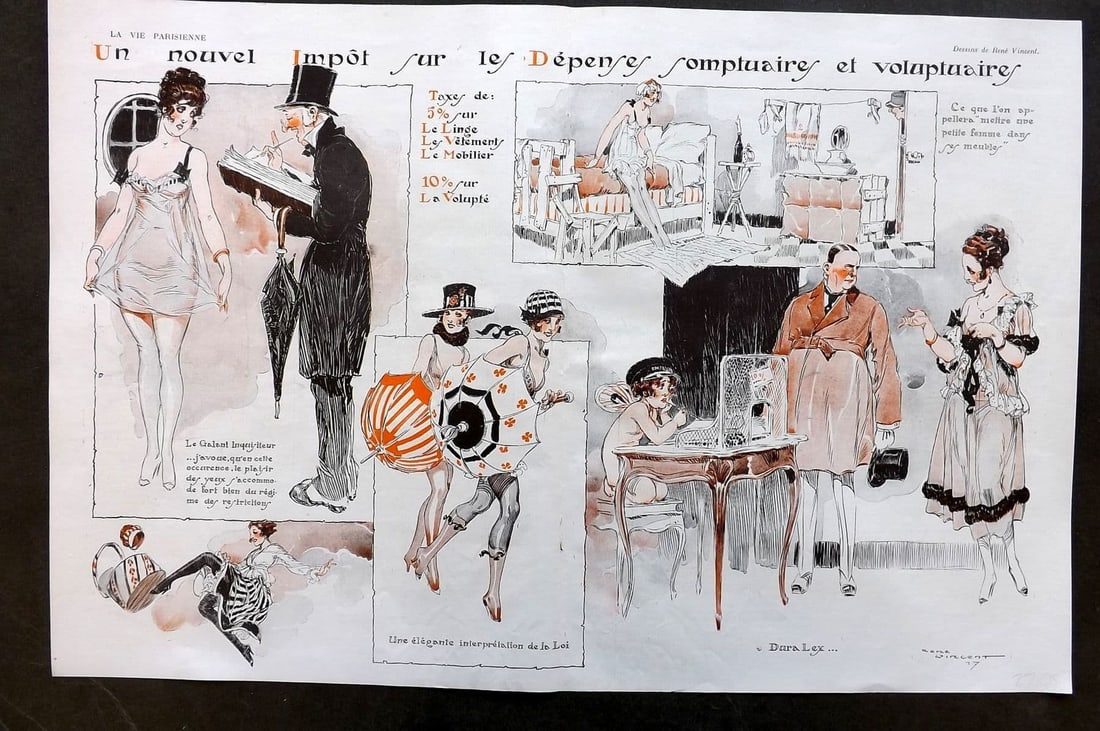 La Via Parisienne 1917 Art Deco Double Print. Un Nouvel Impot by Vincent (1 of 1)