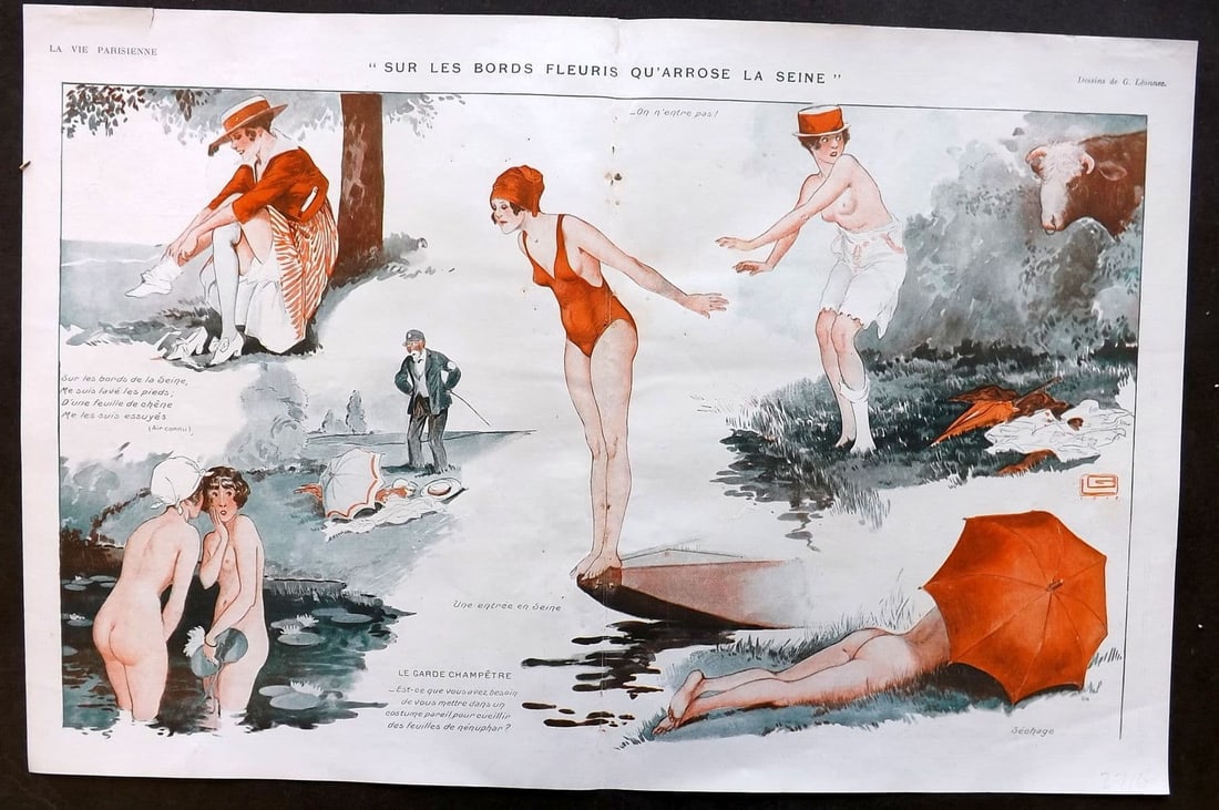 La Via Parisienne 1917 Art Deco Double Print. Sur les Bords Fleuris by Leonnec: Vintage Lithograph Published 1863-1970 Paris for "La Vie Parisienne" Illustrated by Georges Barbier, Chéri Hérouard, Georges Léonnec and others. French Text to verso. Centre fold as published. Pape