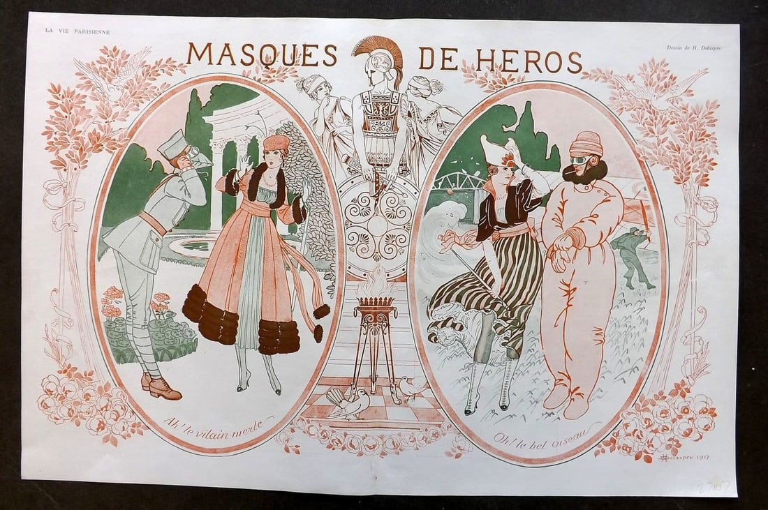 La Via Parisienne 1917 Art Deco Double Print. Masques de Heros by Delaspre (1 of 1)