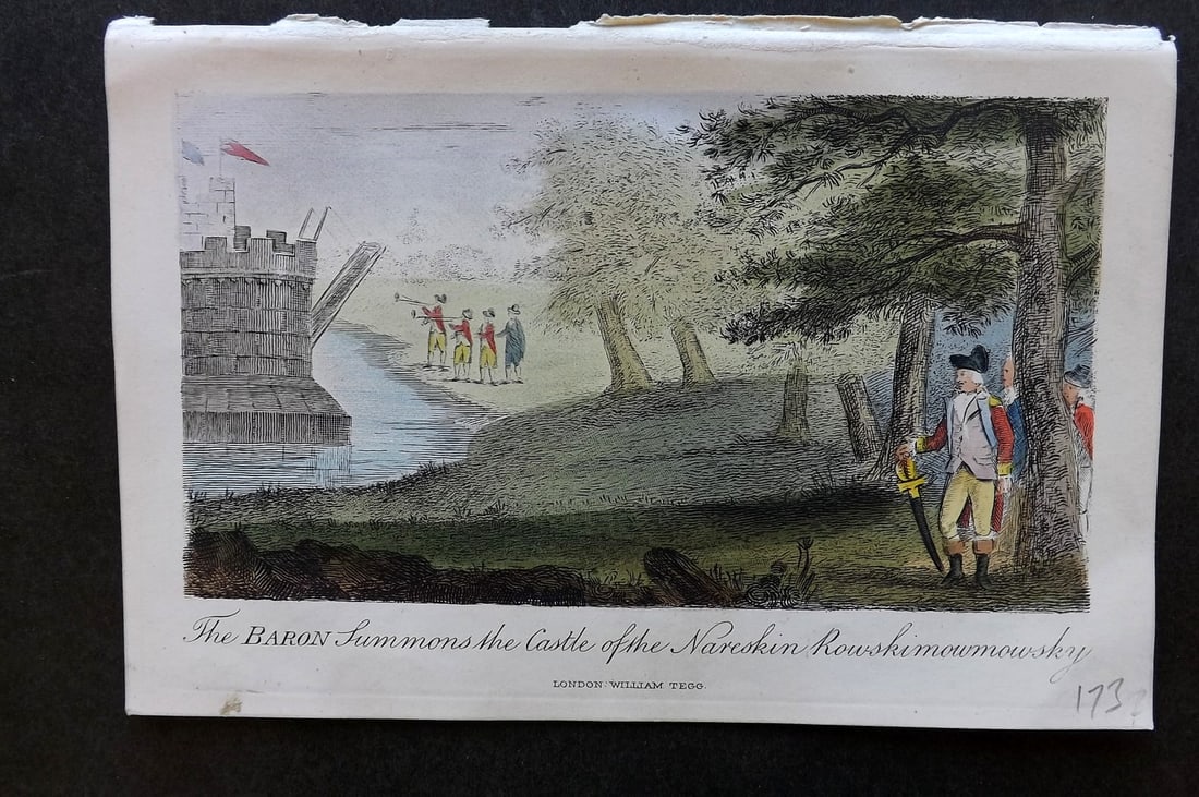Munchausen & Cruikshank 1877 HC Satire. Castle of the Nareskin Rowskimowmowsky: Hand Colored Etching Published 1877 by William Tegg, London for "The Travels and Surprising Adventures of Baron Munchausen" by Rudolf Erich Raspe. Illustrated by the Baron & George Cruikshank. Paper S