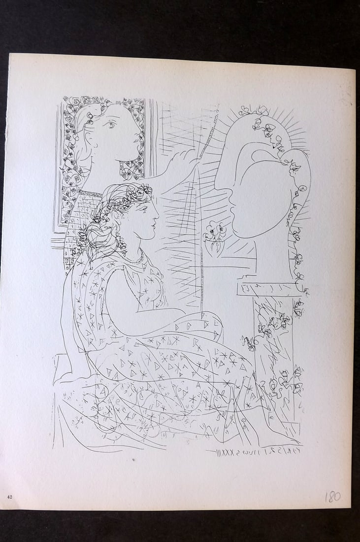 Picasso Vollard Suite 1956 Print. Two Women before Sculptured Head 42: Vintage Photogravure Published 1956, London for "Picasso's Vollard Suite" First English Edition of 100 Etchings created by Picasso between 1930-37. Printed on Good Quality Paper in Germany. Paper Size