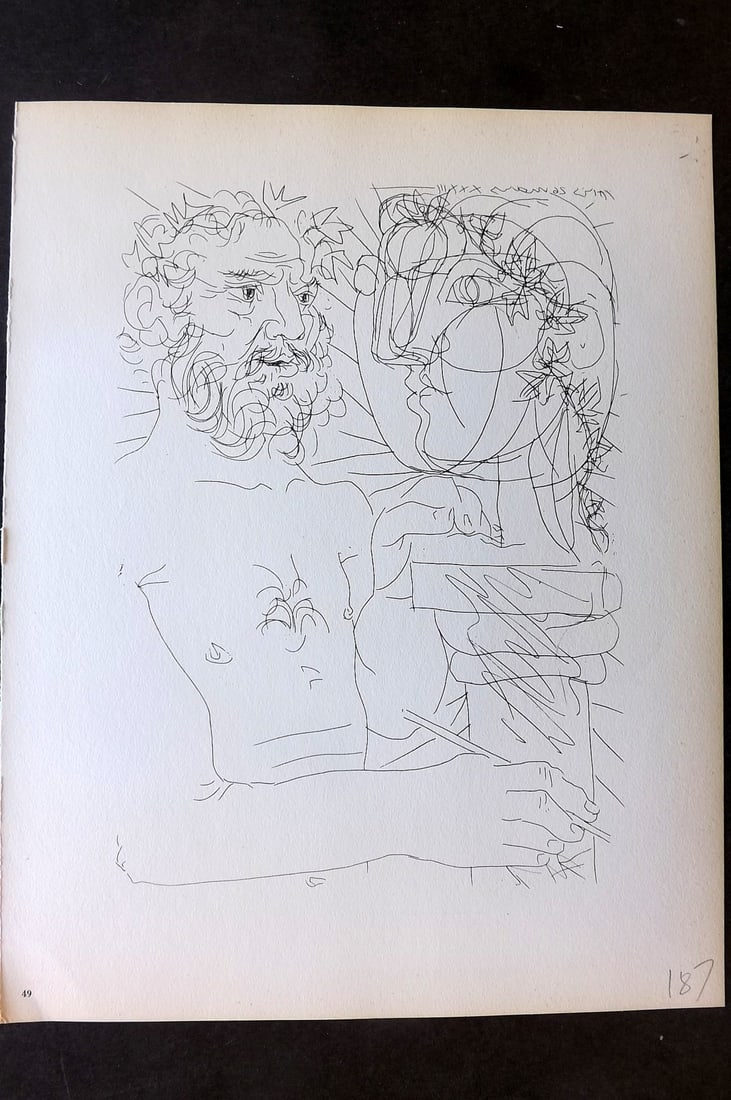 Picasso Vollard Suite 1956 Print. Sculptor Examining Sculptured Head 49: Vintage Photogravure Published 1956, London for "Picasso's Vollard Suite" First English Edition of 100 Etchings created by Picasso between 1930-37. Printed on Good Quality Paper in Germany. Paper Size