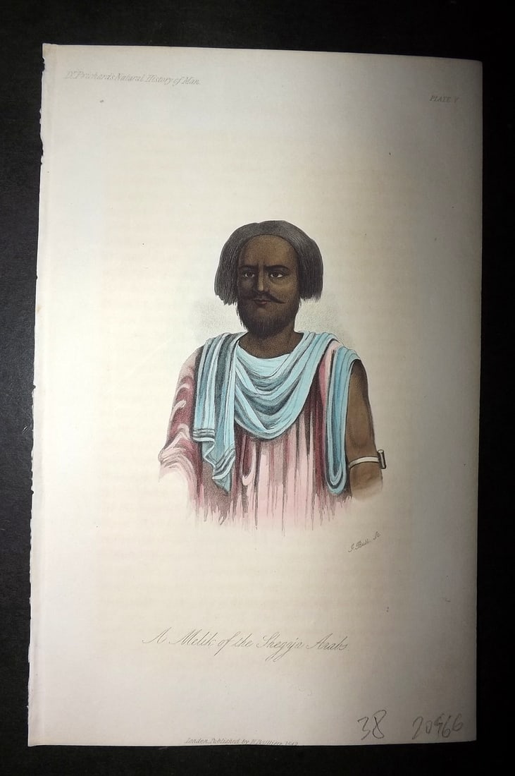 Prichard, James 1848 Hand Col Print. Melik of the Sheep Arabs 05: Hand Colored Aquatint Published 1848, London for "The Natural History of Man" by James Cowles Prichard. Fine hand colour as issued. On good quality Whatman Turkey Mill Wove Paper. Paper Size: 8.5 x 5.