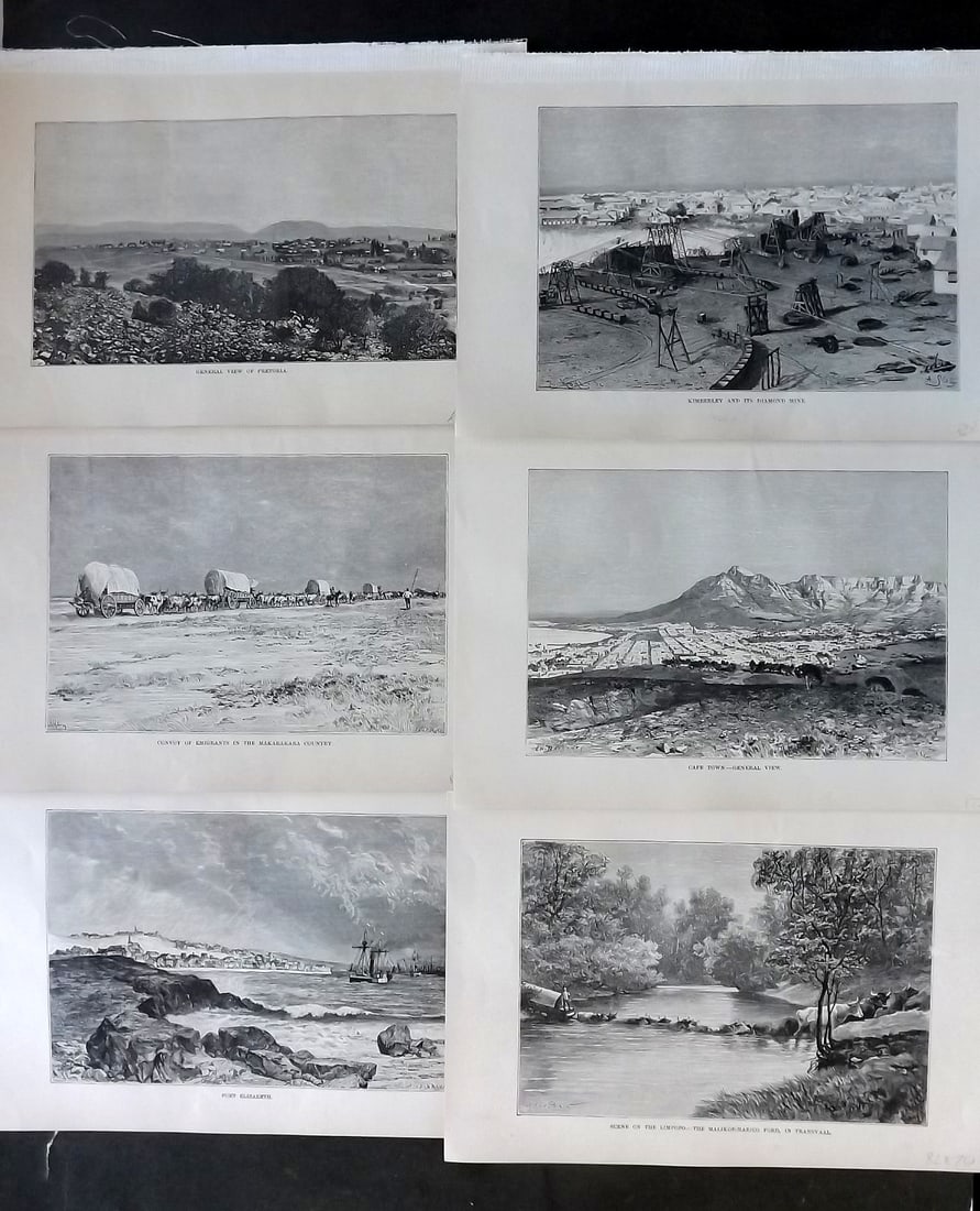 Reclus, Elisee C1880 Lot of 6 Prints. South Africa: Wood Engraving (Reverse side blank) Published 1876-94, London for "The Universal Geography" by Elisee Reclus. Edited by A. H. Keane. Paper Size: 10 x 7 inch (26 x 17.5cm) Good Condition