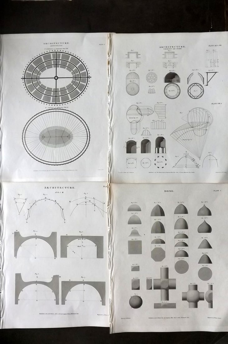 Rees, Abraham 1820 Lot of 4 Architectural Prints: Copper Plate Published 1802-20 by Longman, Hurst, Rees & Orme for "The Cycloaedia: or, Universal dictionary of arts, sciences, and literature" By Abraham Rees. Paper Size: 10.5 x 8.5 inch (27 x 22cm) 