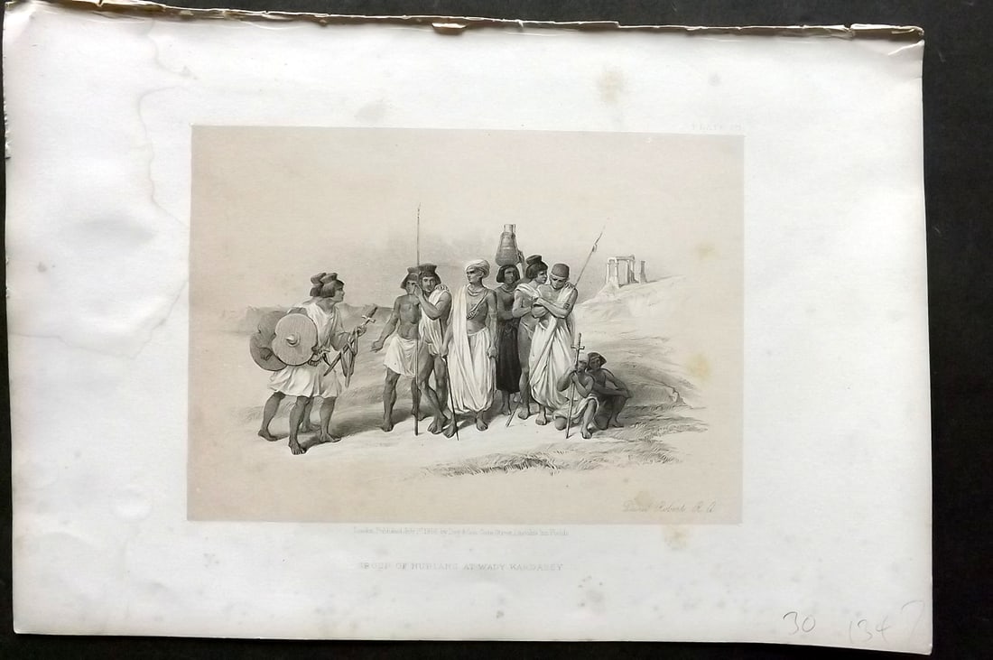 Roberts, David 1856 Print. Group of Nubians at Wady Kardassy 171: Lithograph Published 1855-6 by Day & Son, London for "The Holy Land, Syria, Idumea, Arabia, Egypt & Nubia" Second Edition (First Quarto Edition) by David Roberts. Paper Size: 11.5 x 8 inch (29 x 20cm)
