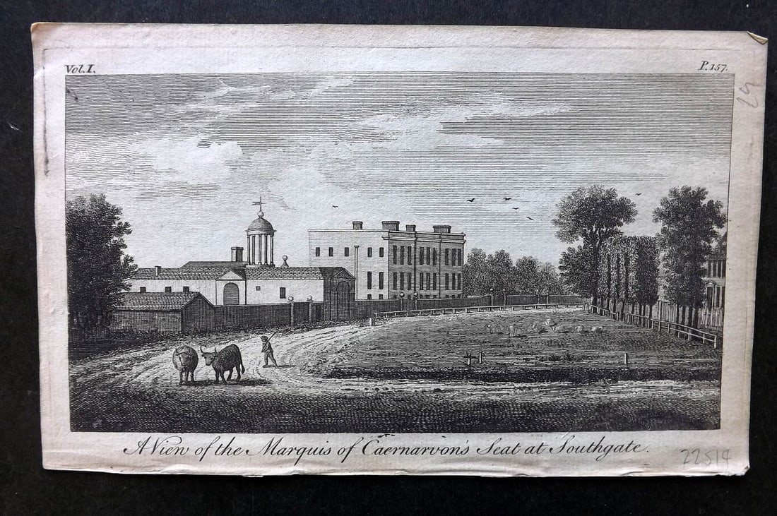 UK 1777 Antique Print. View of Marquis of Caernarvons Seat at Southgate: Antique Copper Published 1776-77, London for "A New Display of the Beauties of England" Paper Size: 8 x 5 inch (21 x 13cm) Good Condition