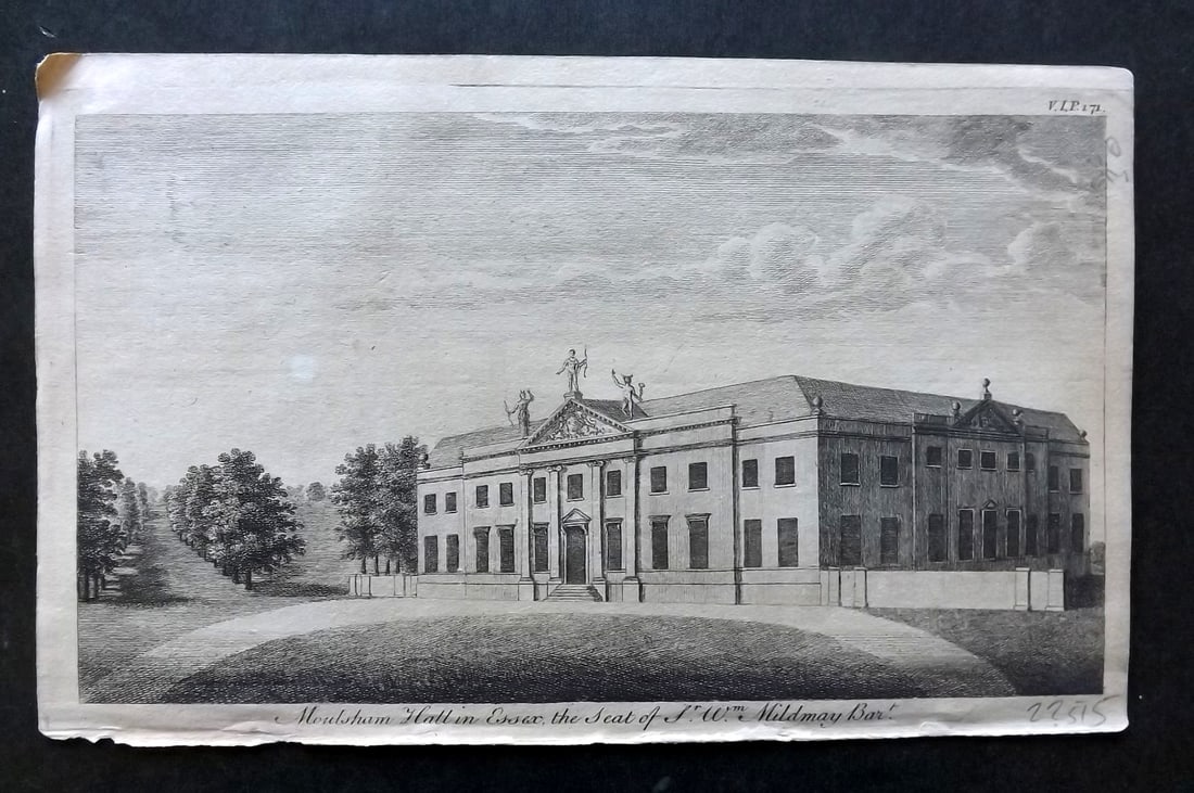 UK 1777 Antique Print. Moulsham Hall in Essex, Seat of William Mildmay (1 of 1)