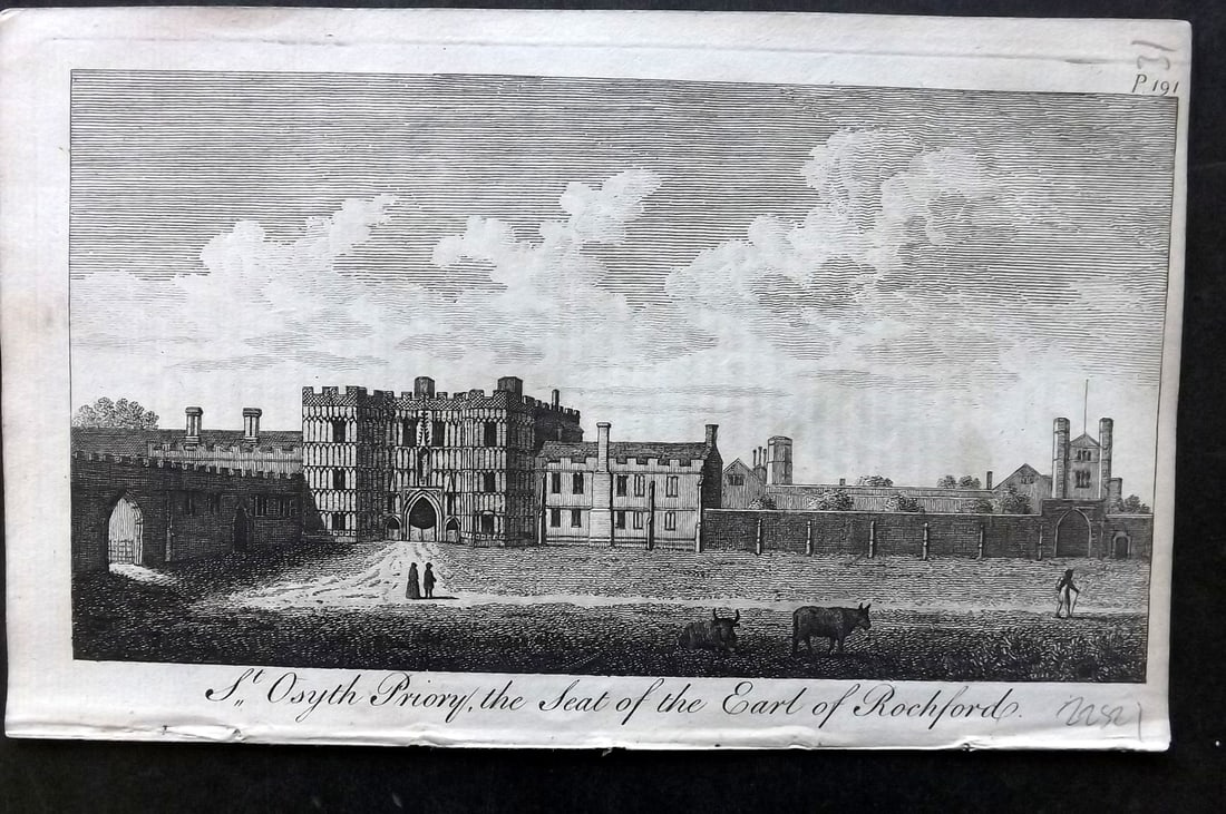 UK 1777 Antique Print. St. Osyth Priory, Seat of the Earl of Rochford: Antique Copper Published 1776-77, London for "A New Display of the Beauties of England" Paper Size: 8 x 5 inch (21 x 13cm) Good Condition