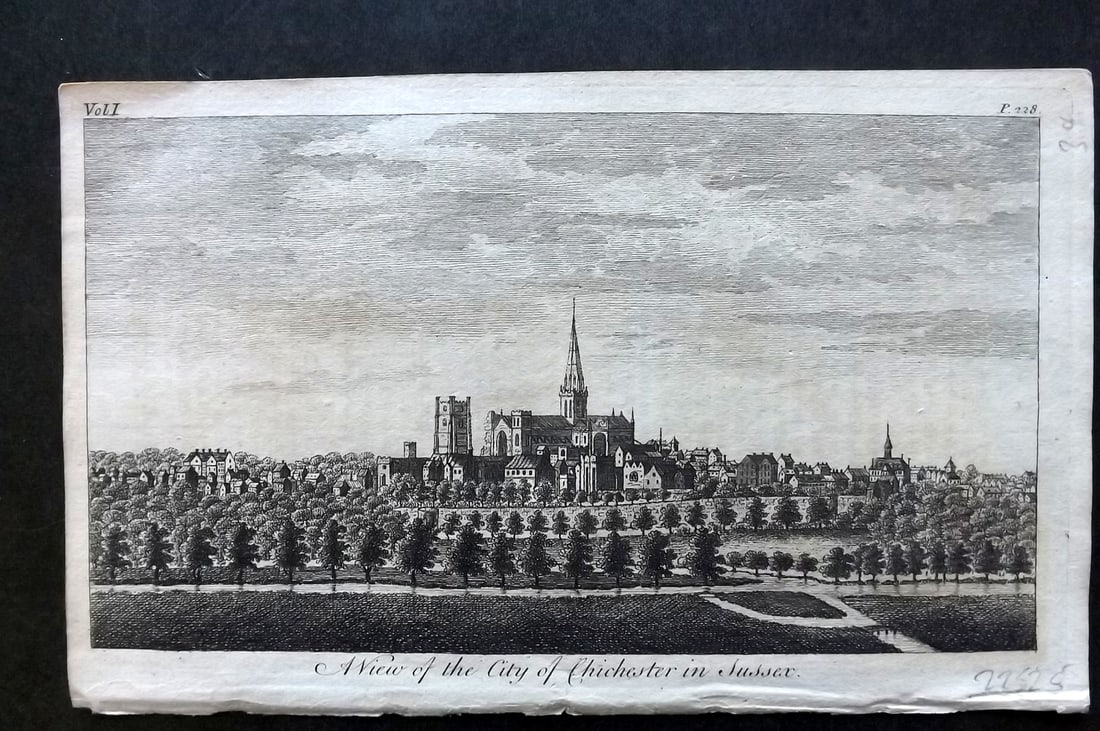 UK 1777 Antique Print. View of the City of Chichester in Sussex: Antique Copper Published 1776-77, London for "A New Display of the Beauties of England" Paper Size: 8 x 5 inch (21 x 13cm) Good Condition