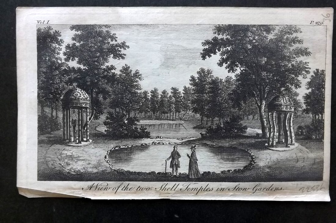 UK 1777 Antique Print. View of the Two Shell Temples in Stow Gardens (1 of 1)