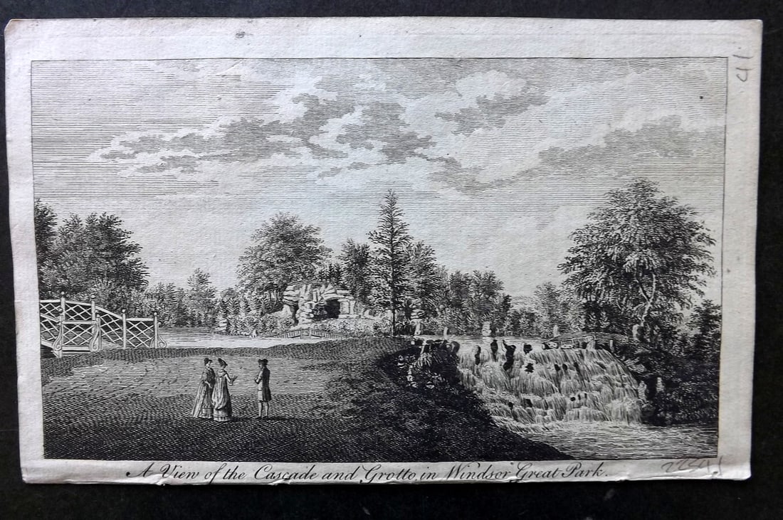 UK 1777 Antique Print. View of the Cascade and Grotto in Windsor Great Park: Antique Copper Published 1776-77, London for "A New Display of the Beauties of England" Paper Size: 8 x 5 inch (21 x 13cm) Good Condition