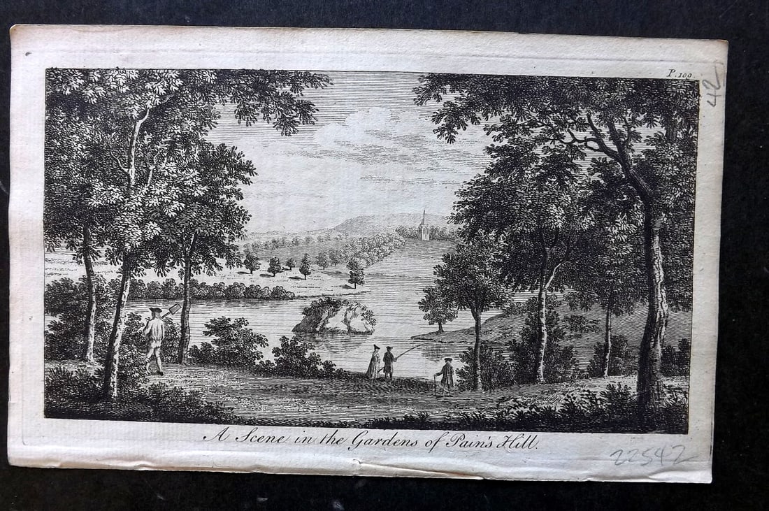 UK 1777 Antique Print. Scene in the Gardens of Pain's Hill: Antique Copper Published 1776-77, London for "A New Display of the Beauties of England" Paper Size: 8 x 5 inch (21 x 13cm) Good Condition