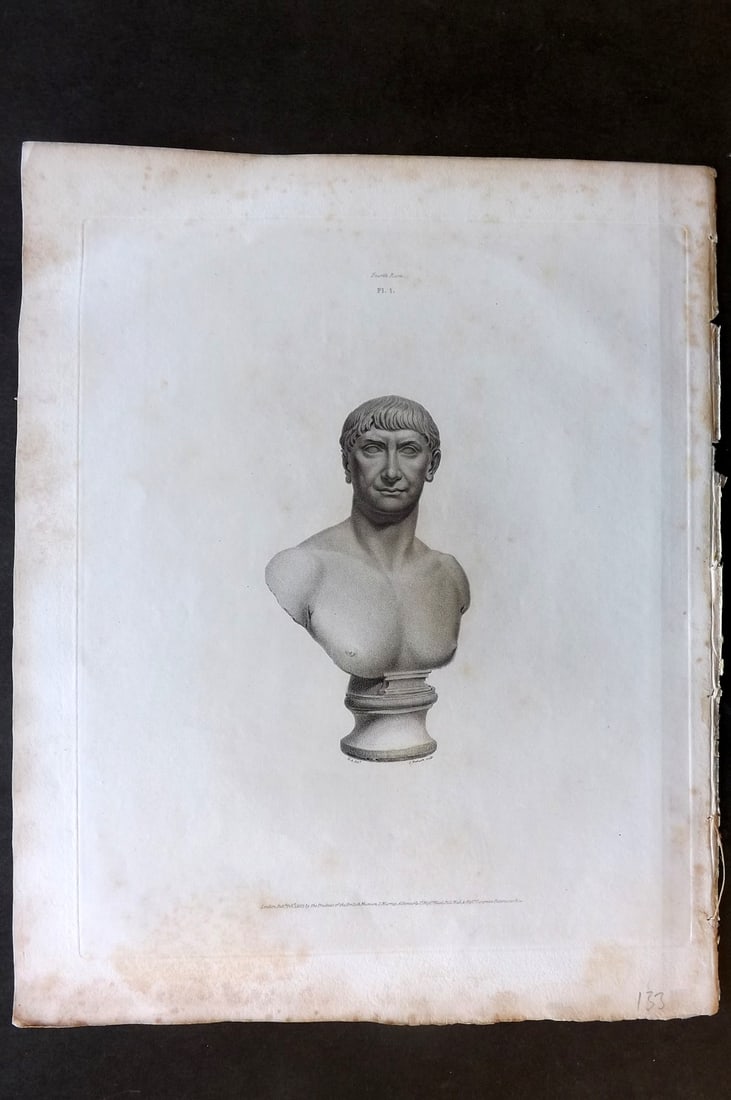 BM Marbles 1818 Folio Statue Sculpture Print. Bust of Trajan 01 (1 of 1)