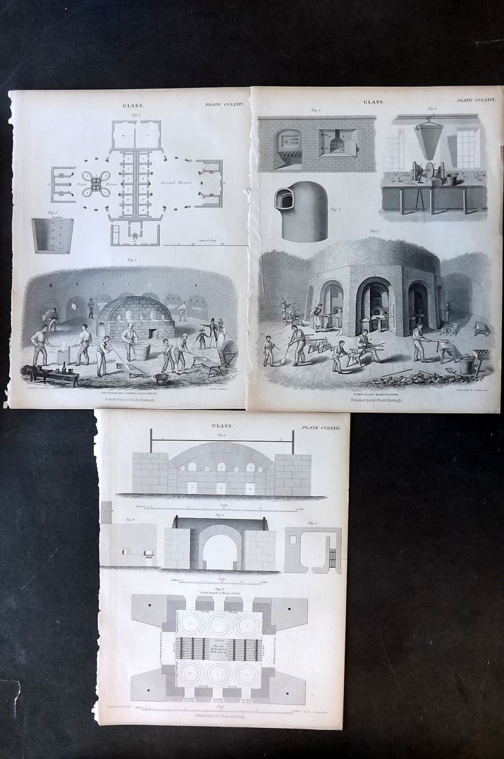 Encyclo. Brit 1850's Lot of 3 Prints. Glass Manufacture, Blowing (1 of 1)