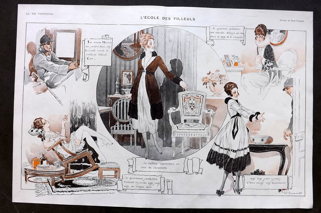 La Vie Parisienne 1917 Art Deco Double Print. L'Ecole des Filleuls by Rene Vincent (1 of 1)
