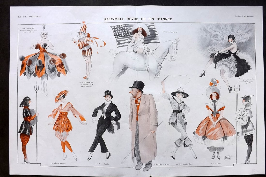 La Vie Parisienne 1917 Art Deco Double Print. Pele-Mele Revue de Fin d'Annee by Leonnec (1 of 1)